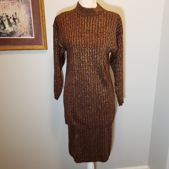 Mathias Vintage Dresses & Skirts - Vtg Mathias USA S Copper Metallic Sweater Set EUC